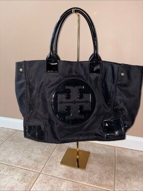 Tory Burch Black Ella Nylon Tote with Patent Trim and Logo